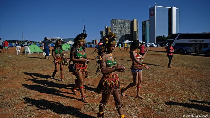Indigenous women from the Pataxo tribe at a protest camp in Brasilia, Brazil on August 23, 2021.