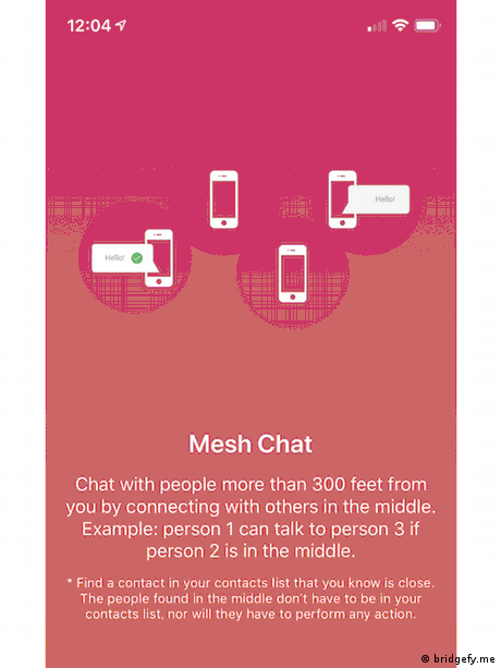 Screenshot von Bridgefy Mesh auf Englisch mit folgendem Text: Mesh Chat - Chat with people more than 300 feet from you by connecting with others in the middle. Example: Person 1 can talk to person 3 if person 2 is in the middle. 