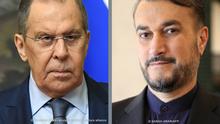 L: 19.08.2021 Russian Foreign Minister Sergey Lavrov speaks
R: photo taken on February 04, 2019 Iran's special Aide on International Affairs of the Islamic Parliament Hossein Amir Abdollahian