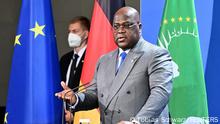 Felix Tshisekedi, President of the Democratic Republic of the Congo addresses a press conference after the G20 Compact with Africa conference at the Chancellery in Berlin, Germany August 27, 2021. Tobias Schwarz/Pool via REUTERS