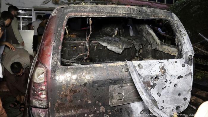 Destroyed vehicle following US drone strike in Kabul