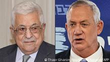(COMBO) This combination of pictures created on August 30, 2021 shows (L to R) Palestinian president Mahmud Abbas during a diplomatic meeting in Ramallah in a handout photo provided by the Palestinian Authority's press office (PPO) on August 1, 2021; and Israeli Defence Minister Benny Gantz giving a press conference at his party's office in the Knesset in Jerusalem on June 7, 2021. - Israel's Defence Minister Benny Gantz met with Palestinian president Mahmoud Abbas in Ramallah late on August 29 to discuss security-policy, civilian and economic issues, his official Twitter account said hours after Israeli Prime Minister Naftali Bennett returned from Washington DC. (Photos by Thaer GHANAIM and Menahem KAHANA / various sources / AFP) / === RESTRICTED TO EDITORIAL USE - MANDATORY CREDIT AFP PHOTO / HO / PPO - NO MARKETING NO ADVERTISING CAMPAIGNS - DISTRIBUTED AS A SERVICE TO CLIENTS ===