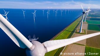 offshore windmill park with clouds and a blue sky, windmill park in the ocean drone aerial view with wind turbine Flevoland Netherlands Ijsselmeer