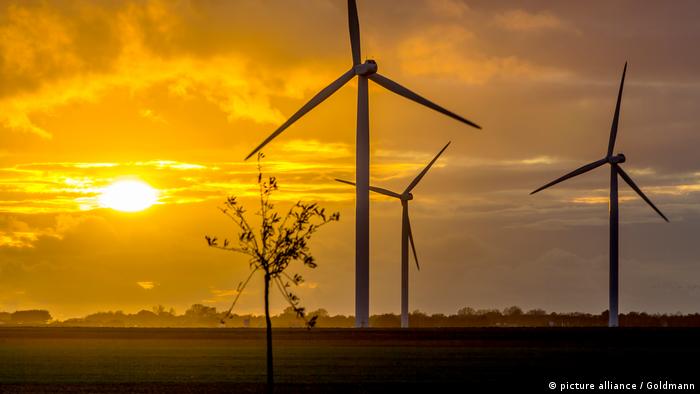 Windkraftanalgen bei Sonnenuntergang in den Niederlanden