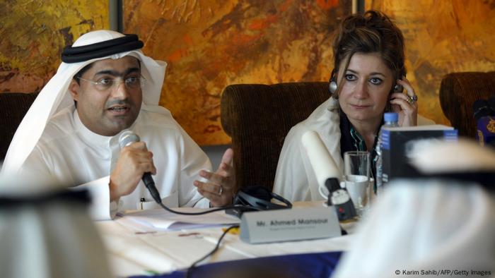 Emirati blogger and human rights activist Ahmed Mansour speaks as the director of Human Rights Watch's Middle East and North Africa division, Sarah Leah Whitson listens on.