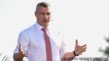 Kyiv Mayor Vitali Klitschko delivers his speech during an election rally with North Rhine-Westphalia