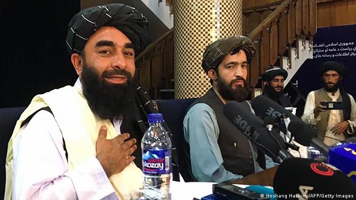 Taliban spokesperson Zabihullah Mujahid attends the first press conference the Taliban gave in Kabul after seizing power