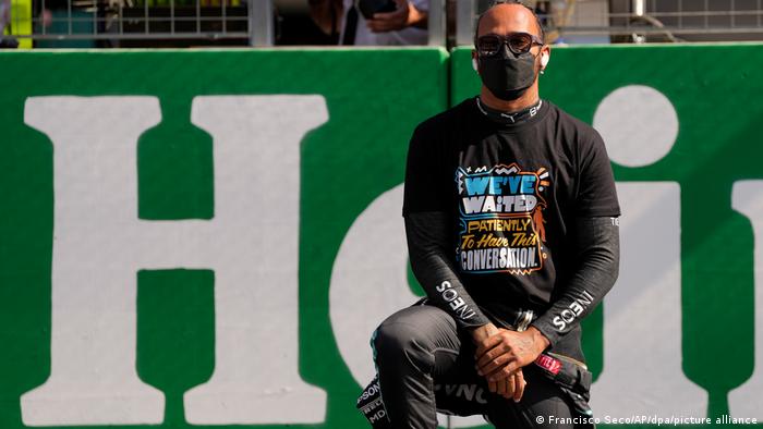 Lewis Hamilton takes a knee ahead of the Netherlands Grand Prix
