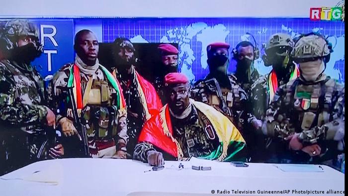 A still taken from a televised annoucement by coup leader Mamadi Doumbouya