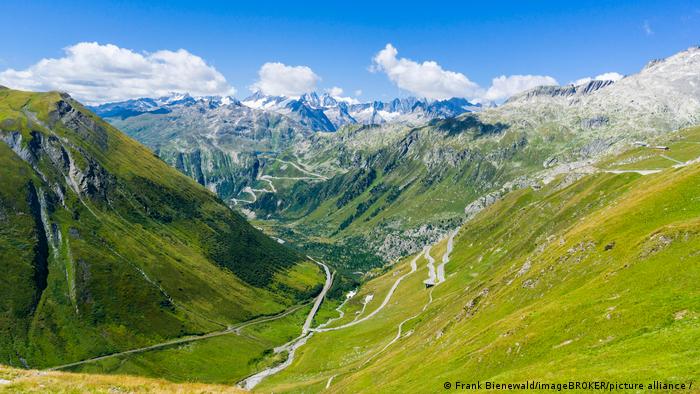 A mountain road in Switzerland called the Furka pass.