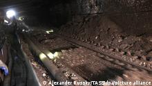 LUGANSK REGION, UKRAINE - AUGUST 20, 2020: Workers mine a new long wall of the Komsomolskaya coal mine operated by the Yasenovskoye Mine Office. Measuring 248m in length, the coal face will have a daily capacity of 620t. Alexander Russky/TASS