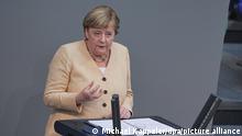 07.09.2021, Berlin - Bundeskanzlerin Angela Merkel (CDU) spricht im Plenum im Deutschen Bundestag. In seiner voraussichtlich letzten Debatte Bundestags der Wahlperiode soll unter anderem über die Situation in Deutschland, die Entscheidung über Hochwasser-Aufbaufonds und Neuregelungen zu Corona beraten werden.