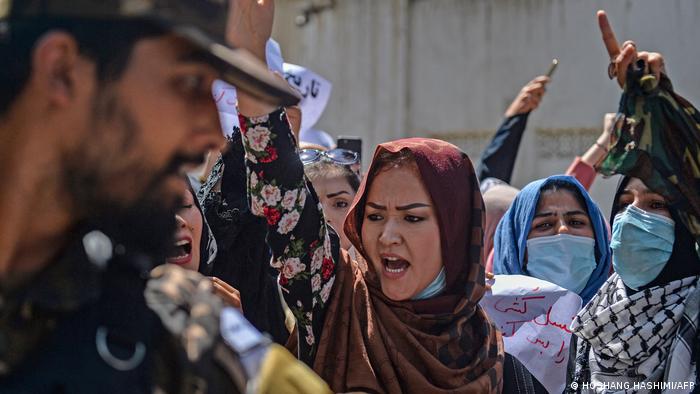 Afghan women shout slogans during an anti-Pakistan protest near the Pakistan embassy in Kabul