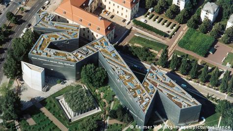 A bird's eye view of the zagging halls of the Jewish Museum in Berlin.