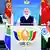 Presidentes da Rússia, Índia, China, Brasil e África do Sul em torno do logo do Brics