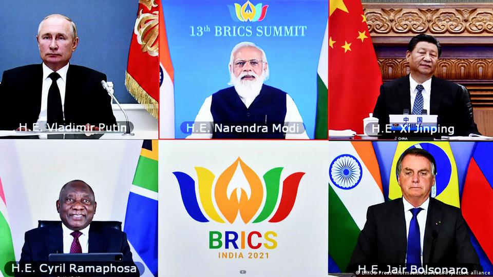 leaders of the BRICS nations, clockwise from top left, Russian President Vladimir Putin, Indian Prime Minister Narendra Modi, Chinese President Xi Jinping, South African President Cyril Ramaphosa and Brazilian President Jair Bolsonaro during a video conference, in New Delhi, India, Thursday, Sept. 9, 2021