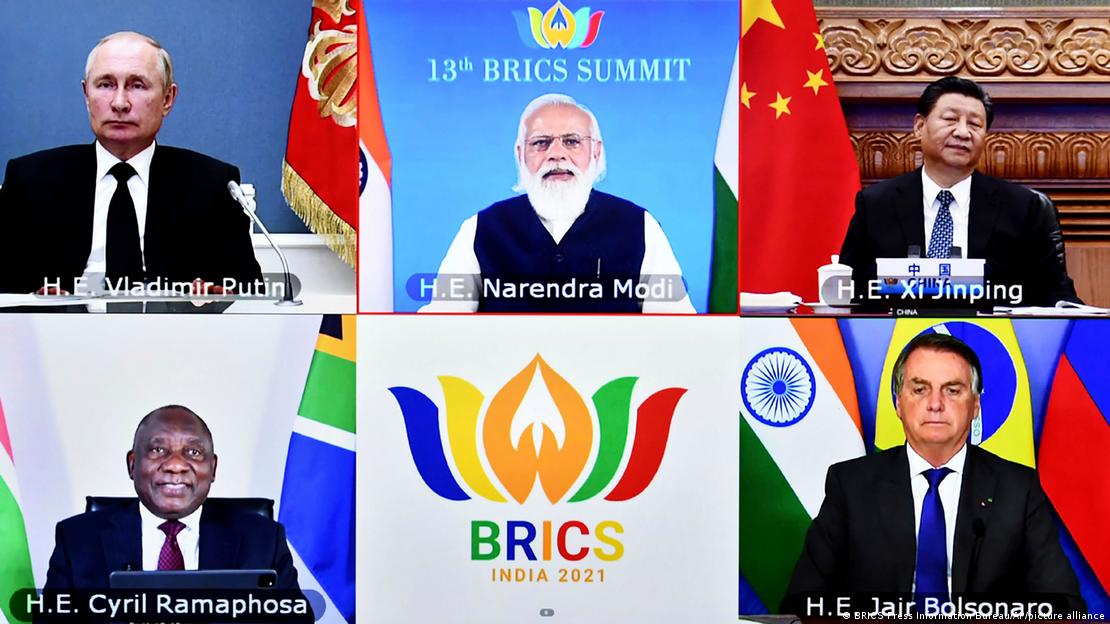 Leaders of the BRICS nations, clockwise from top left, Russian President Vladimir Putin, Indian Prime Minister Narendra Modi, Chinese President Xi Jinping, South African President Cyril Ramaphosa and Brazilian President Jair Bolsonaro during a video conference