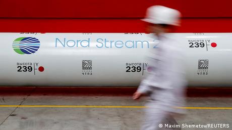 The logo of the Nord Stream 2 gas pipeline project in Chelyabinsk, Russia, February 26, 2020. REUTERS/Maxim Shemetov/File Photo