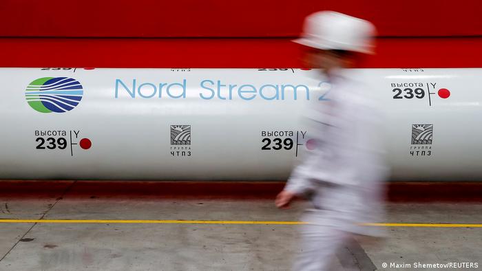 Nord Stream 2 logo visible on a pipe in Russia