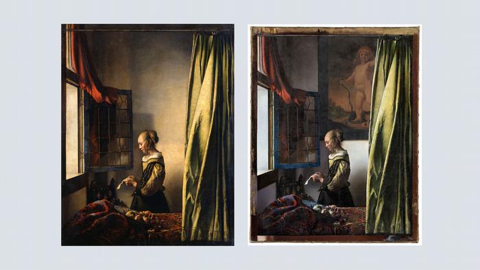 Two versions of a painting that show a woman by an open window, the righthand one has an additional image of cupid on a wall