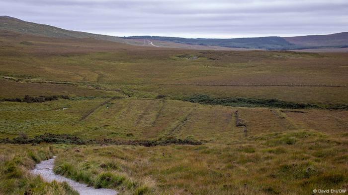 The view across a treeless peatland in Ireland