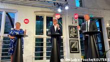 The three candidates for Norway's prime minister Erna Solberg from the Conservatives, Jonas Gahr Stoere from Labour Party and Trygve Slagsvold Vedum from the Centre Party attend a debate in central Oslo, Norway August 9, 2021. Picture taken August 9, 2021. REUTERS/Gwladys Fouche