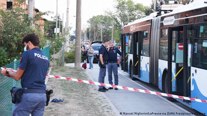 Crime scene after mass stabbing on a bus in Rimini