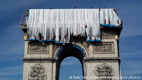 The Arc de Triomphe monument being wrapped in material