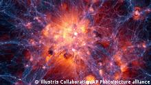 This image provided by the Illustris Collaboration in May 2014 shows dark matter density overlaid with the gas velocity field in a simulation of the evolution of the universe since the Big Bang. The new computer simulation that reproduces features ¿ such as galaxy distribution and composition ¿ more accurately than previous ones is described in the Thursday, May 8, 2014 issue of the journal Nature. Previous attempts have broadly reproduced the web of galaxies, but failed to create mixed populations of galaxies or predict gas and metal content. The new model correctly predicts characteristics described in observational studies, and represents a considerable step forward in modeling galaxy formation. (AP Photo/Illustris Collaboration)