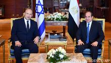 A handout picture released by the Egyptian Presidency on September 13, 2021, shows Egyptian President Abdel Fattah al-Sisi (R) meeting with Israeli Prime Minister Naftali Bennett in the Egyptian Red Sea resort town of Sharm El-Sheikh. - Bennett met Sisi on the first visit to Egypt by an Israeli prime minister in over a decade. They were to discuss efforts to revive the peace process between the Israelis and Palestinians, presidential spokesman Bassam Radi said in a statement. (Photo by - / EGYPTIAN PRESIDENCY / AFP) / === RESTRICTED TO EDITORIAL USE - MANDATORY CREDIT AFP PHOTO / HO / EGYPTIAN PRESIDENCY' - NO MARKETING NO ADVERTISING CAMPAIGNS - DISTRIBUTED AS A SERVICE TO CLIENTS ==