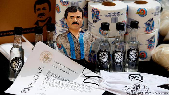 El Chapo branded merchandise including antibacterial gel, toilet paper, masks