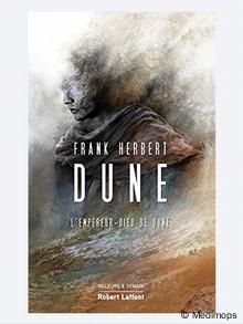 Buchcover von Frank Herberts Roman Dune. Ein junger Mann, dessen Konturen aus verwehtem Sand bestehen