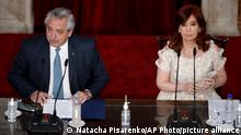01.03.21 *** Argentina's President Alberto Fernández, left, delivers his annual State of the Nation address which marks the opening session of Congress, next to Vice President Cristina Fernandez de Kirchner in Buenos Aires, Argentina, Monday, March 1, 2021. (AP Photo/Natacha Pisarenko, Pool)
