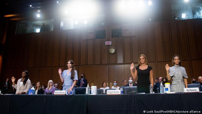 US Olympic gymnasts Simone Biles, McKayla Maroney, Maggie Nichols, and Aly Raisman, are sworn in to testify during a Senate Judiciary hearing about the Inspector General's report on the FBI handling of the Larry Nassar investigation of sexual abuse of Olympic gymnasts, on Capitol Hill,