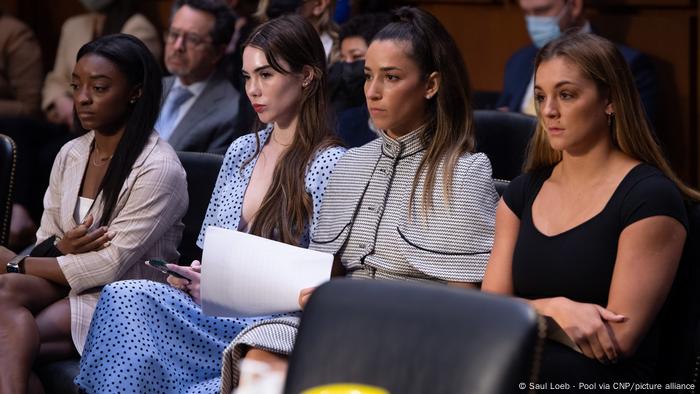 U.S. Olympic gymnasts (left to right) Simone Biles, McKayla Maroney, Aly Raisman and Maggie Nichols, during the Senate court hearing.