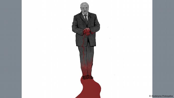 A red bloody streak leading to Lukashenka.  Poster by Ekaterina Prokopyeva.