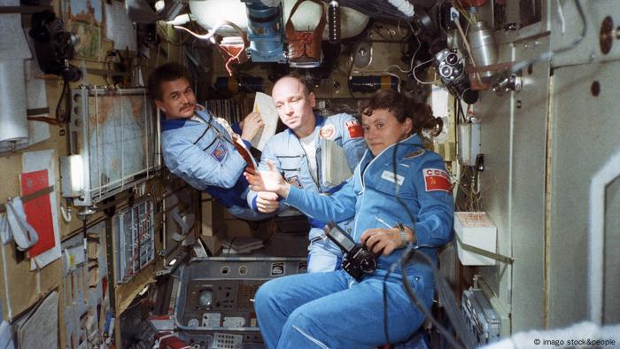 Anatoly Berezovoy, Valentin Lebedev and Svetlana Savitskaya on the space station (1982)