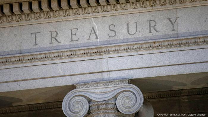 The U.S. Treasury Department building at dusk in Washington 