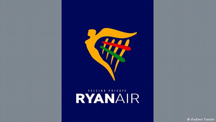 A poster with the words Seizing private Ryanair with the airline's logo altered slightly