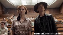This image released by Netflix shows Anya Taylor-Joy, left, and Thomas Brodie-Sangster in a scene from The Queen's Gambit. Taylor-Joy was nominated for an Emmy Award for outstanding leading actress in a limited series or movie and Brodie-Sangster was nominated for best supporting actor in a limited series or movie. (Netflix via AP)