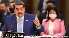 (210919) -- MEXICO CITY, Sept. 19, 2021 (Xinhua) -- Venezuelan President Nicolas Maduro speaks during the 6th Summit of Heads of State and Government of the Community of Latin American and Caribbean States (CELAC) in Mexico City, capital of Mexico, on Sept. 18, 2021. (Agencia Venezolana de Noticias/Handout via Xinhua)