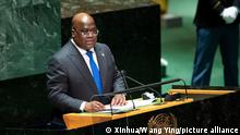 (210922) -- UNITED NATIONS, Sept. 22, 2021 (Xinhua) -- Felix Tshisekedi, president of the Democratic Republic of the Congo, addresses the general debate of the 76th session of the United Nations General Assembly at the UN headquarters in New York, Sept. 21, 2021. The General Debate of the 76th session of the United Nations General Assembly kicked off on Tuesday. (Xinhua/Wang Ying)