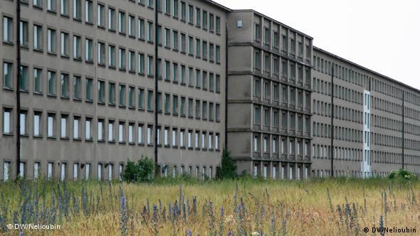 The grey high-rise buildings of the Prora complex. 