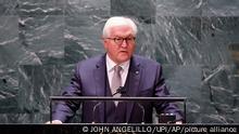 President of Germany Frank-Walter Steinmeier addresses the 76th Session of the U.N. General Assembly at United Nations headquarters in New York, on Friday, Sept. 24, 2021. (John Angelillo /Pool Photo via AP)