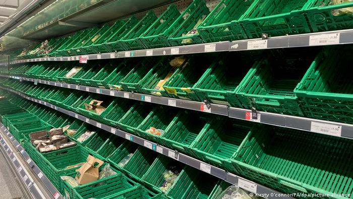 Herbst 2021: Spärlich gefüllte Gemüselisten in einem Supermarkt in Battersea im Süden Londons