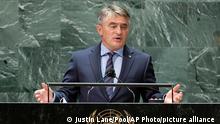 Bosnia and Herzegovina's President Zeljko Komsic addresses the 76th Session of the U.N. General Assembly at United Nations headquarters in New York, on Wednesday, Sept. 22, 2021. (Justin Lane/Pool Photo via AP)