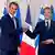 Премьер-министр Греции Кириакос Мицотакис и президент Франции Эмманюэль Макрон пожимают друг другу руки после подписания новой оборонной сделки в Елисейском дворце 28 сентября 2021 года.