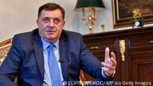 President of the Serb-run entity in Bosnia, Bosnian Serb leader Milorad Dodik answers questions during an interview with AFP in Banja Luka, on April 18, 2018. - Dodik has branded as lies claims he intends to create paramilitary units or be a puppet in an attempt by Russia to destabilise his country. The President of the Serb-run entity in Bosnia, which together with the Muslim-Croat Federation makes up the multi-ethnic Balkan country, said: In Republika Srpska, there are no paramilitary units. (Photo by ELVIS BARUKCIC / AFP) (Photo credit should read ELVIS BARUKCIC/AFP via Getty Images)
