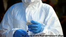 A healthcare worker from the World Health Organization prepares to give an Ebola vaccination to a front line aid worker in Mangina, Democratic Republic of Congo, Wednesday, Aug 8, 2018. Health experts began Ebola vaccinations in Congo's northeast village of Mangina for the latest deadly outbreak that has already claimed at least nine lives. (AP Photo/Al-hadji Kudra Maliro)