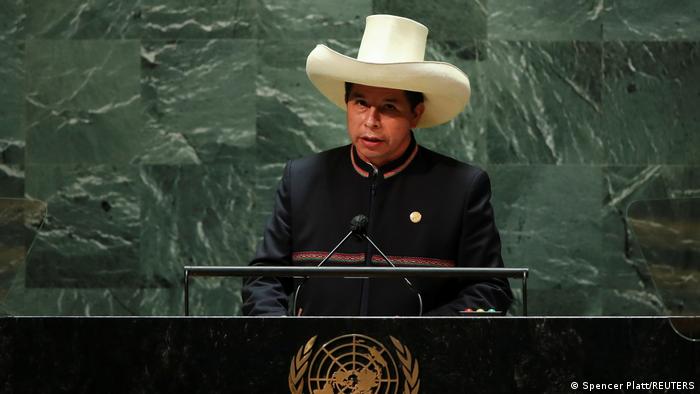 El presidente de Perú, Pedro Castillo, durante su discurso en la sede de la ONU, en Nueva York.